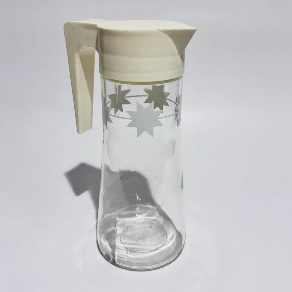Vintage Anchor Hocking Tall Syrup Dispenser‎ Retro White Stars Lid Discoloration
